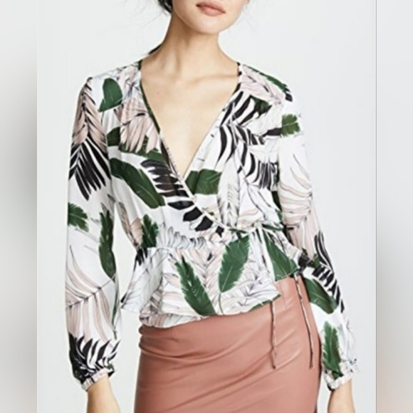 Milly Kia Silk Blouse Size 10 Green White Pink 100% Wrap Peplum Floral Top - Picture 1 of 16